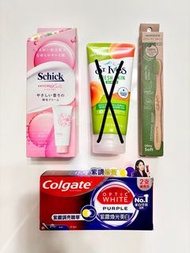 Schick 女士除毛膏、St.Ives 磨砂潔面膏、高露潔 紫鑽煥光美白牙膏、屈臣氏 綠茶牙刷