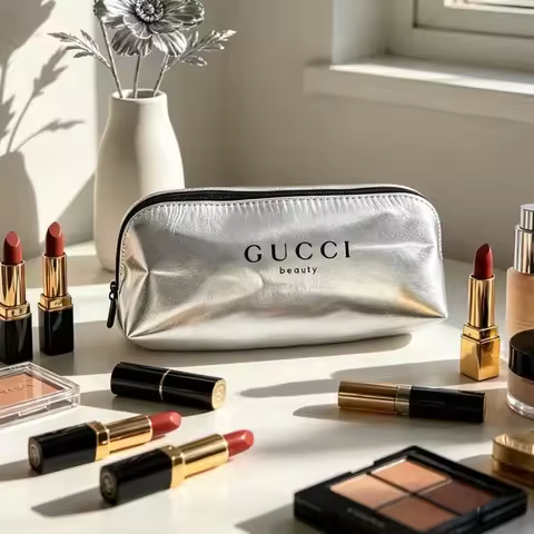 GUCCI bag Shiny Silver Zipper Dual Purpose Cosmetic Bag And Pencil Case Smooth Premium Texture Light