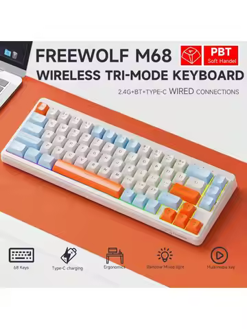 FREEWOLF M68 Wireless Bluetooth Tri-mode Keyboard with RGB Rainbow Mixed Lighting,PBT Keycaps,Dual S