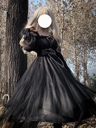 ชุด Lolita Gothic Original Black French Daily Vintage Dark Series ชุดเดรสยาวสไตล์วินเทจสีดำสำหรับผู้