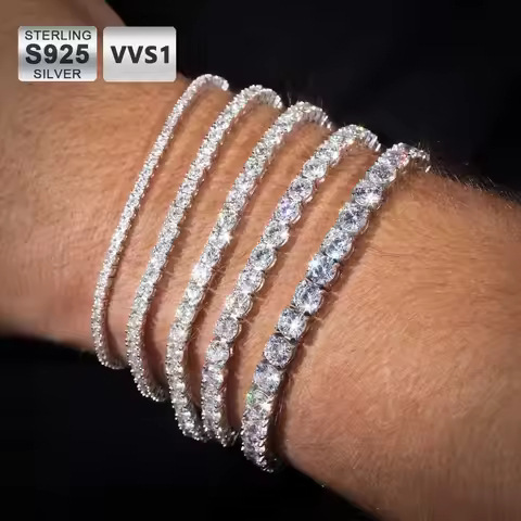 ESKEEM 925 Silver VVS Moissanite Tennis Bracelet 2/3/4/5 MM Iced Out Diamond Tennis Chain Pass GRA D