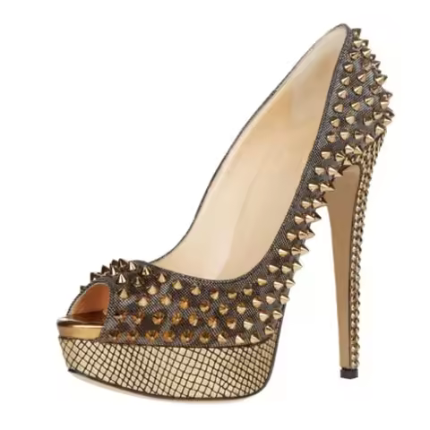 DIZHUANG Fashionable women's high heels. Brown canvas single shoes. About 15cm heel height. Rivet sh