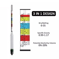 3 in 1 Hydrometer ไฮโดรมิเตอร์ เครื่องวัดแอลกอฮอล์ (ABV) เครื่องวัดน้ำตาล(BRIX) วัดความถ่วงจำเพาะ(Gravity) วัดความหนาแน่น Triple Scale Hydrometer with Thermometer