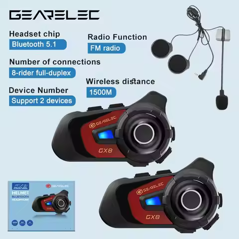 GEARELEC GX8 Motorcycle Bluetooth Intercom Music Sharing 1500m 8 Riders Group Helmet Communication S