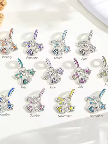 925 Sterling Silver 1-12 Month Birthstone Charm Bead Pendant DIY Jewelry Fit Bracelet Bangle Necklac