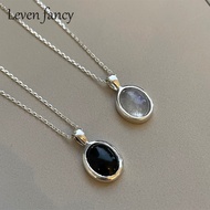 Semi-Precious Collection 925 Sterling Silver Jewelry Oval Natural Stone Pendant Black Agate Clear Quartz Gemstone Necklace Women