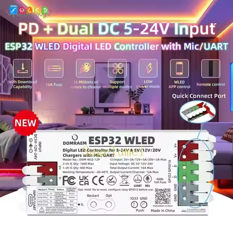 DOMRAEM PD 5V/12V/20V 3A Powered ESP32 WLED Digital LED Controller with Mic/UART Port & 16A Fuse for