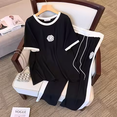 155Kg Plus Size Women's Bust 170 Summer Loose Short Sleeve T-shirt Cropped Pants Fashion Casual Set 