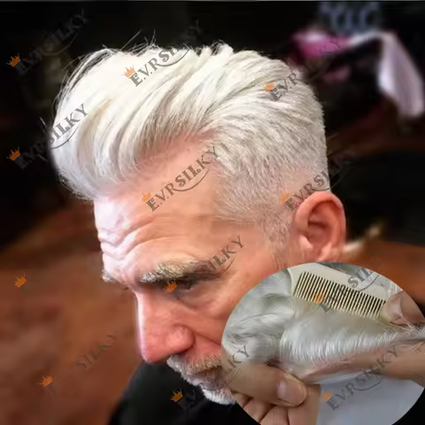 60R# White Platinum Grey Men Toupee Durable 0.06mm Thin Skin Old Man Ombre Blonde Wig Natural Hairpi