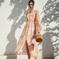 Váy hoa voan chiffon nhỏ nhắn thanh lịch kiểu Pháp kỳ nghỉ thanh lịch thoải mái đa năng cổ đứng có t