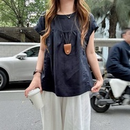 YOHO [Japanese Style Loose Feel] Tencel Linen Shirt Short-Sleeved Babydoll Top Loose Slimmer Look Co