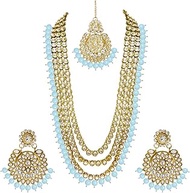 Indian Ethnic Wedding Faux Kundan Beaded Bridal Long Necklace Earrings with Maang Tikka Traditional Jewellery Set for Women