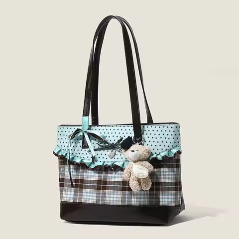 Korean Mint Green Chocolate Color Patchwork Handbag Plaid Canvas Tote Bag Women Polka Dot Sweet Bow