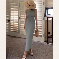 Lady MADE Kloset เดรสลัคซี่ สีฟ้าเทา เดรสสีฟ้าเทา เดรสยาวคอสูง ใส่ออกงาน ชุดเพื่อนเจ้าสาว LM002