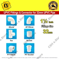 32mm UPVC Pipe Fitting Connector Sambungan Paip Putih Elbow PT Elbow 45 Elbow Tee Socket PT Socket f