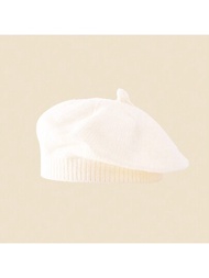 1 件裝男女通用兒童白色針織羊毛帽貝雷帽,可愛甜美外觀