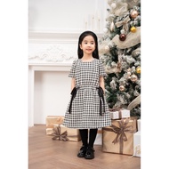 LEAH baby girl dress with wolf tooth pattern, loose shape, bow waist for 3,4,5,6,7,8,9 year olds - I