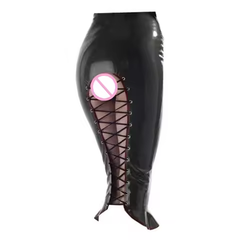 Ladies PVC Wet Look Hollow Out Midi Skirt Spanking Hobble Ruffles Knee-Length Wraps Back Lace-up Pen