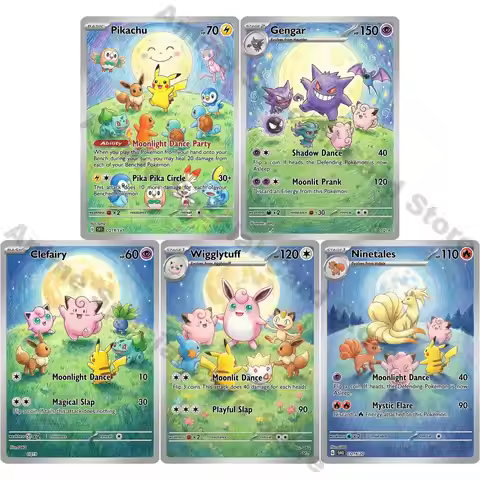 5Pcs Pokemon Cards Childrens Colored Pencil Style Moonlit Gengar Clefairy Wigglytuff Ninetales PTCG 