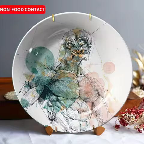 2D Flat - A 2D Ceramic Decorative Plate Featuring a Muscular Man in a Vintage Sketch Style, Suitable
