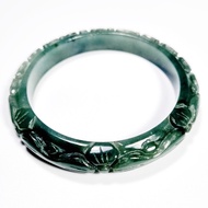 (J52) กำไลหยก แกะสลัก พม่าแท้ Jadeite Type A Size 55.4 mm. หยกแท้ 100% งานแกะสวยปราณีต งดงาม