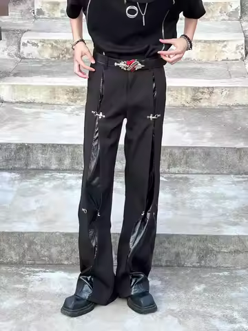 2024 y2k Style Black Men Cargo Outdoor Tracksuit Pants Y2K Design buttons Sweatpants Leather splicin