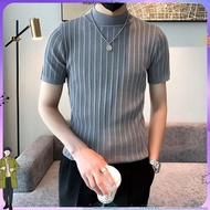 Str iped Ice Silk Short-Sleeved T-Shirt Men's Street Wear Half-High Collar Knitwear Korean Version S