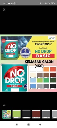 Cat nodrop basic 4kg, cat pelapis anti bocor no drop galon 4kg warna lengkap