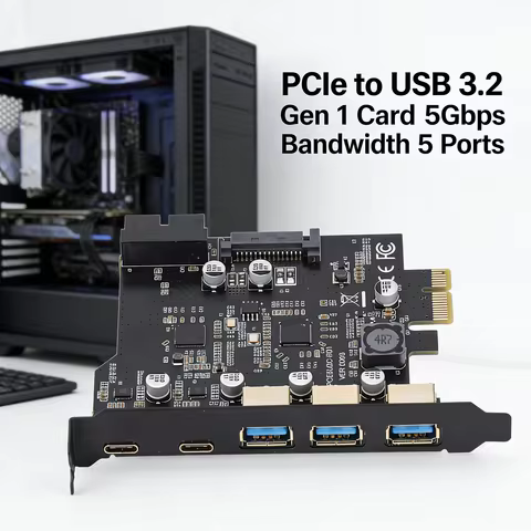 PCIe To USB 3.2 Card 2 USB Type C 3 USB Type A Easy Installation PCIe Expansion Card 5 Port for Desk