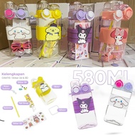 580ML Sanrio Series Anime Peripheral Water Bottle Cinnamoroll Kuromi Cartoon Portable Bottle Double Drinking Cup Straw Cup with Strap