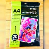 (1 PACK = 20 LMBR) Kertas Glossy Photo Paper Vtec A4 210 gsm