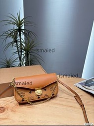 MCM Tracy 鏈條包，經典 Visetos 老花 + 干邑色拼皮，