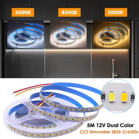 5M Dual Color SMD2835 216Leds/M CCT Dimmable LED Strip Light 12V DC WW CW Color Temperature Adjustab