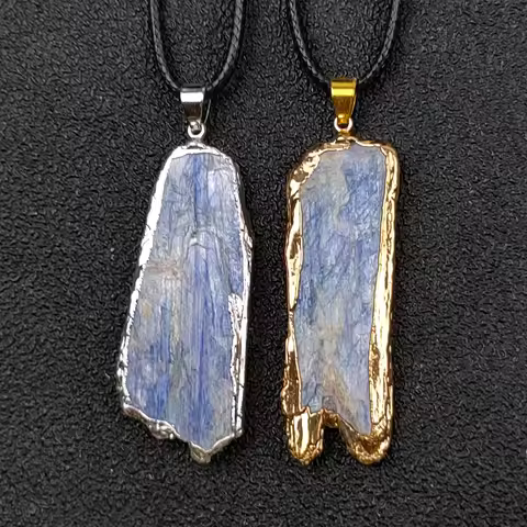 Natural Kyanite Slice Pendant Necklace with Gold and Silver Color Edge Crystal Meditation Jewelry fo