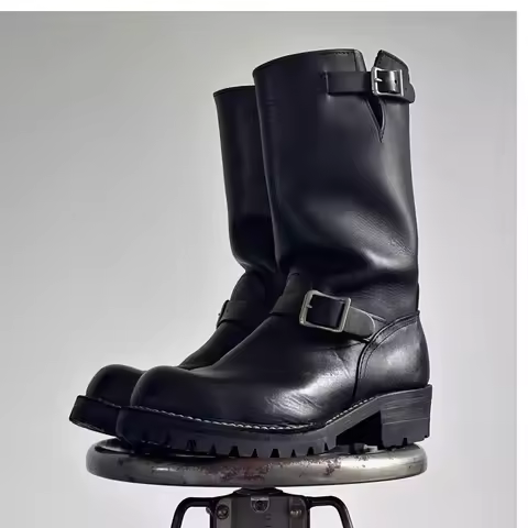 American Style Belt Buckle Retro Motorcycle Boots Men's Black Khaki Knight Boots Workwear Boots Mids