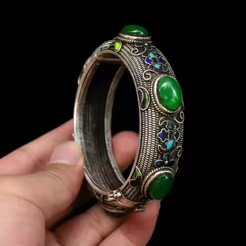 Chinese Tibetan Silver Bracelet, Cloisonne Inlay, Green Jade Amulet, Collect Bangle