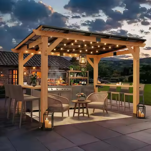 8x10 Cedar Wood BBQ Gazebo with 2 Side Shelves Galvanized Steel Roof Outdoor Patio Backyard Garden D