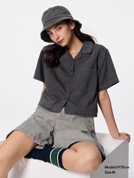 女裝 輕型牛仔開領襯衫(短袖)(接觸涼感) 356464