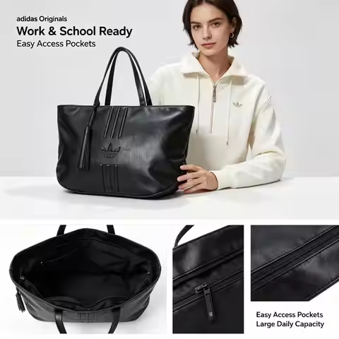 Adidas Originals Women Tote Bag Soft Large Capacity Classic Logo Shoulder Handbag Zipper Closure Wor
