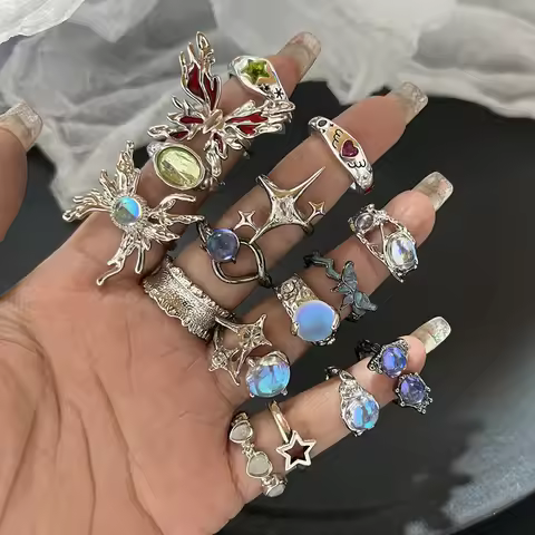 Y2K Crystal Rings Kpop Heart Adjustable Ring Irregular Geometry Punk Vintage Rings Set for Women Gir