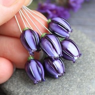 Purple Rose Lampwork Beads Flower Mini Buds, 1 pc Glass Flower Buds Beads 10 mm