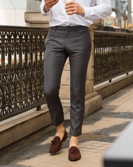 CHANDA - กางเกงขายาว Triangle Waist Rim Trousers in Dark Grey