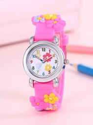 1入組兒童粉色PVC錶帶時尚蝴蝶圖案圓形錶盤石英手錶適合日常裝飾