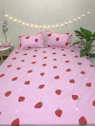 Bộ ga gối cotton poly 3 món họa tiết dâu tây Bà Béo Kho chăn ga gối ga giường drap giường