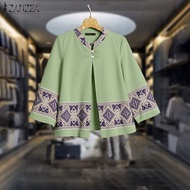 ZANZEA ผู้หญิงวินเทจคาร์ดิแกนเสื้อยืดคอกลมโบฮีเมียนแขนยาวกระดุมพิมพ์ลายเรขาคณิต #0908