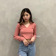 TOP V COLLAR V NECK/ ribbed top v rib crop