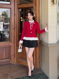 Áo sơ mi nữ len tăm co giãn phối bèo đinh nơ tiểu thư Gloria Shop