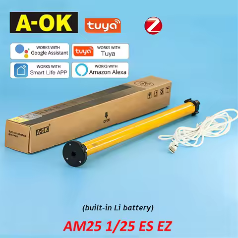 A-OK AM25 Tuya Zigbee Smart RF433 Tubular Curtain Motor DC Roller Blind Shutter Li Battery Motor for