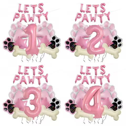 Dog Balloon Lets Pawty Balloon Dog Paw Birthday Decoration Pink Number Balloon Polyester Film Alumin
