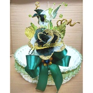 ( GBK 6008 ) Bakul buah 12" lebar dan hantaran siap hiasan bunga tema hijau pekat dan hijau cair.